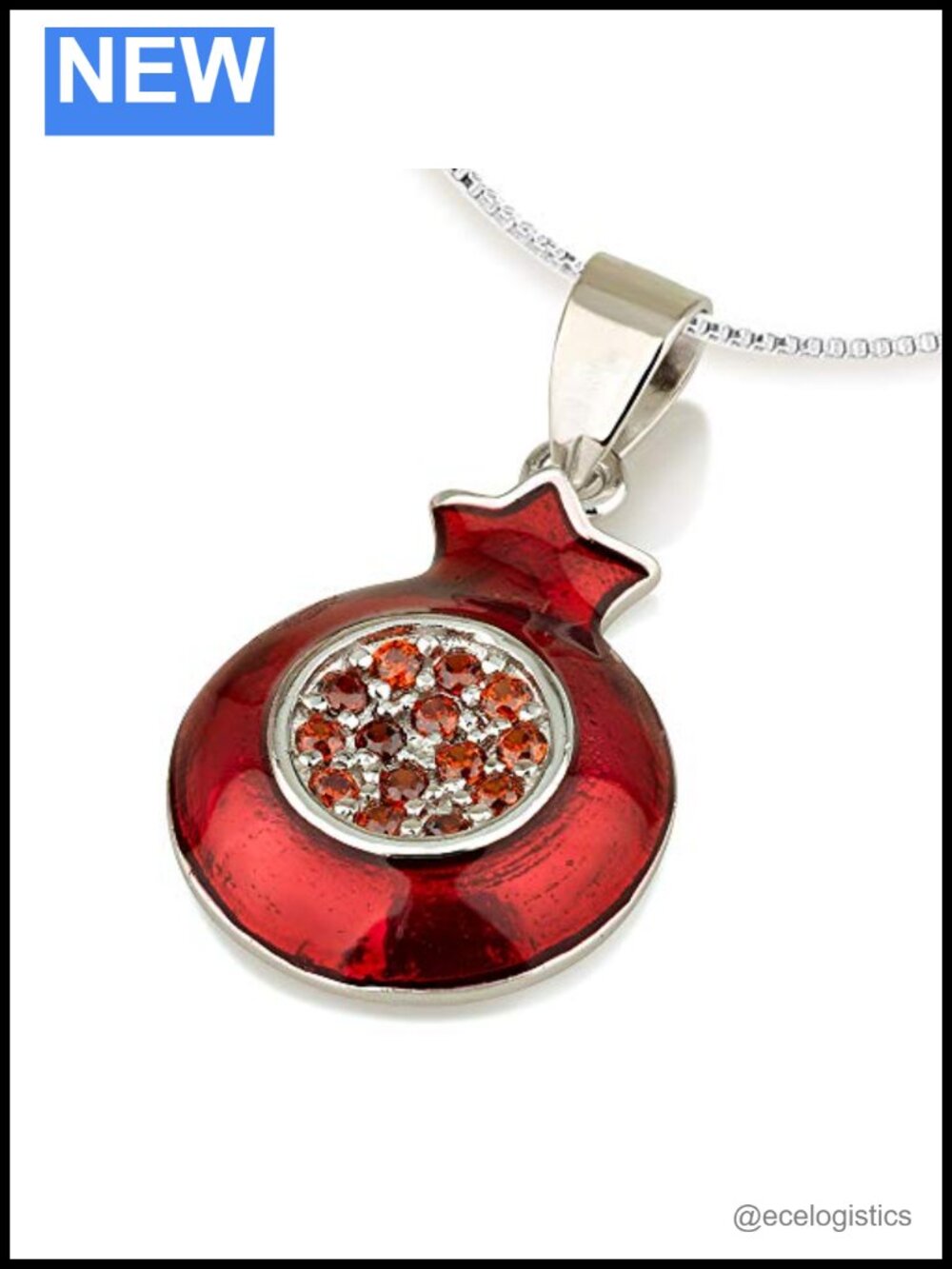 925 Sterling Silver Pomegranate Pendant Charm Hebrew Symbol Crystal Stones